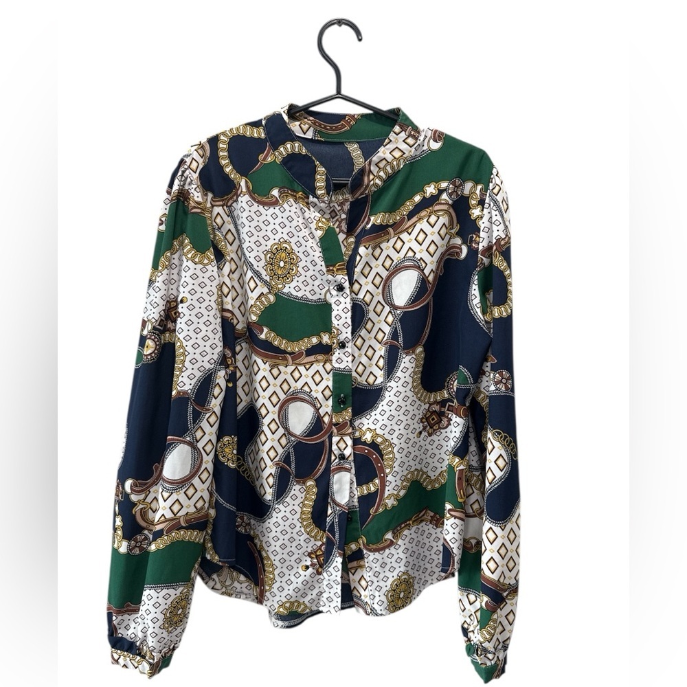 SHEIN Baroque Print Button-Up Blouse, Size Large